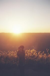 夕日を背景に